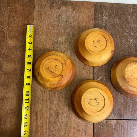 Set of 4 Woodpecker Woodware Japan Wooden Serving Dinnerware Bowls MCM - Picture 6 of 6